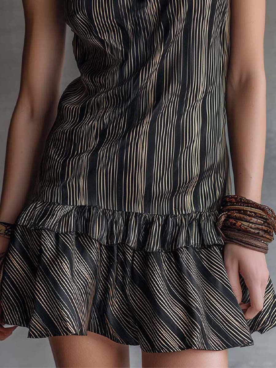 Boho Vintage Striped Cotton Ruffle Mini Dress