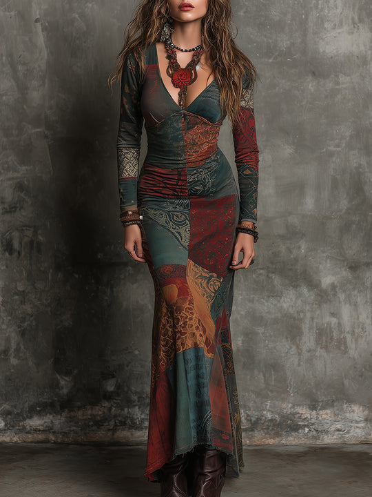 Bohemian Ethnic Print Cotton Blend Slim Fit Fishtail Maxi Dress