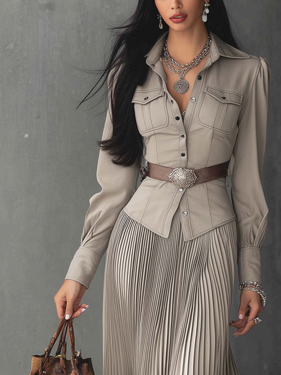 Retro Pleated Lace Hem Shirt And Skirt Two-piece Set