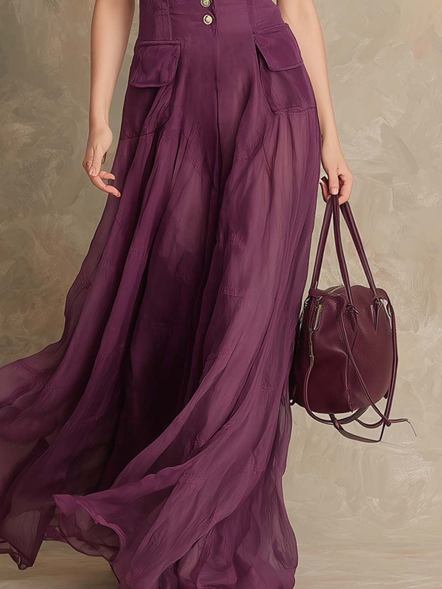 Retro Button Placket Chiffon Maxi Dress