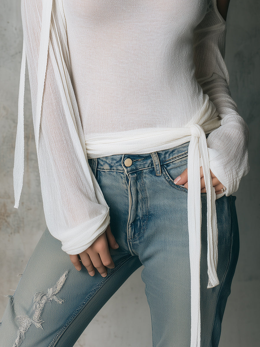 Uniquely Designed Knitted T-shirt With Tie-up Detail