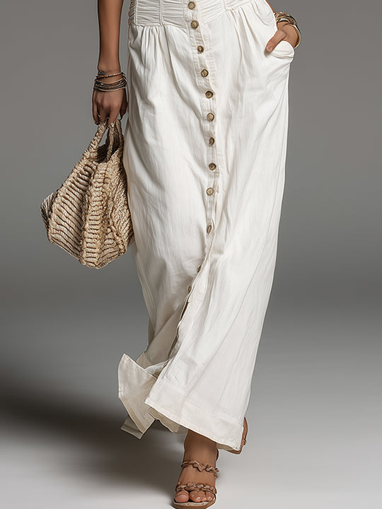Bohemian Cotton And Linen Maxi Dress With Pleated Waist
