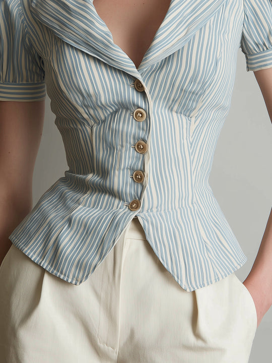 Elegant Striped Blouse With Lapel Collar And Puff Sleeves