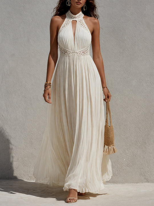Bohemian Holiday Keyhole Neck Pleated Maxi Dress With Lace