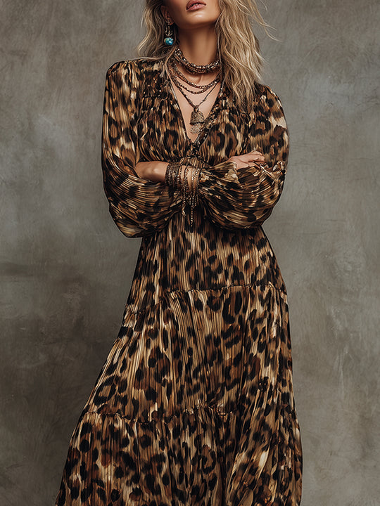 Bohemian Leopard Print Pleated Lantern Sleeve Midi Dress