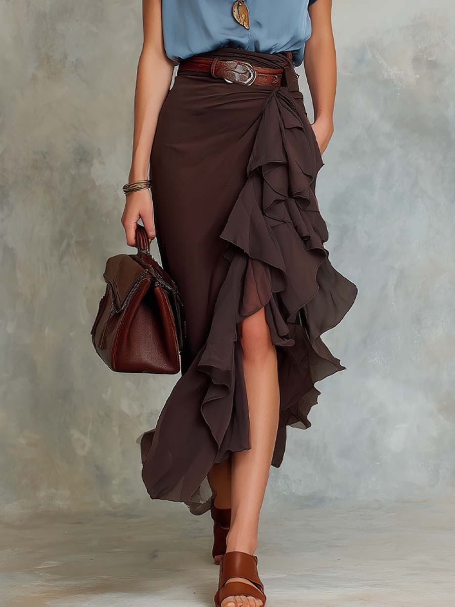 Retro Ruffled Contrast Color Two-piece Set