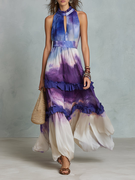 Retro Keyhole Collar Pleated Ruffle Hem Maxi Dress