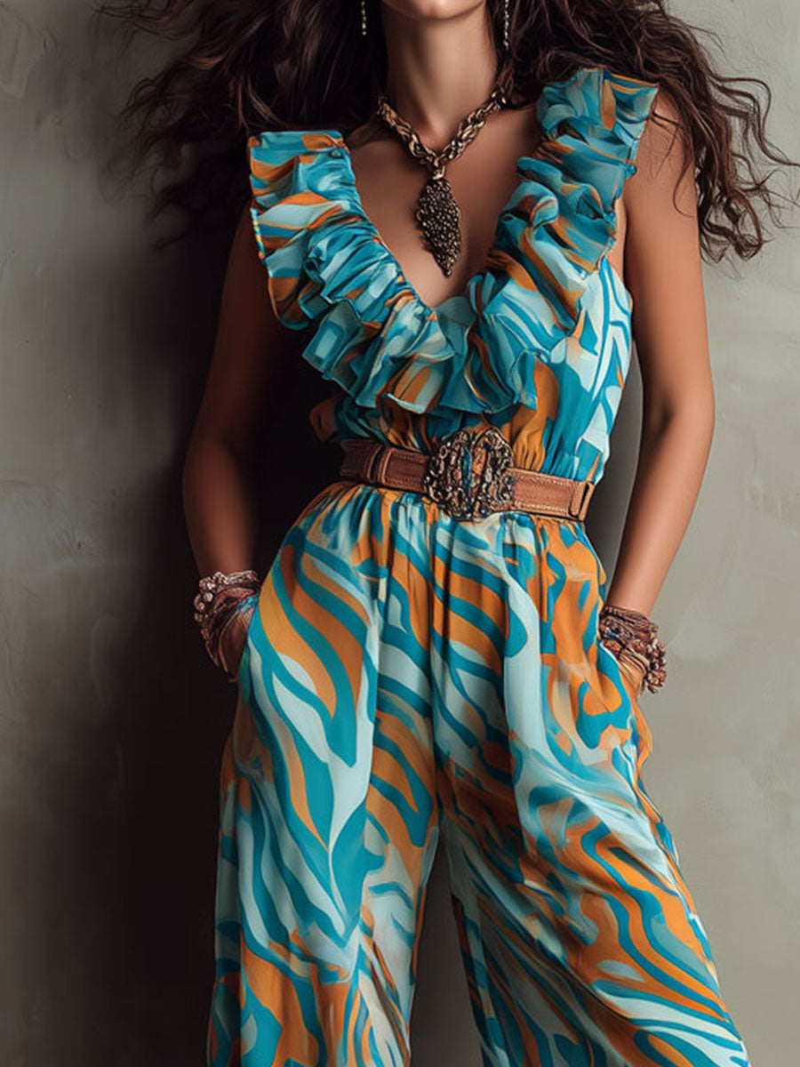 Boho Teal And Amber Waves Ruffled V-Neck Printed Jumpsuit