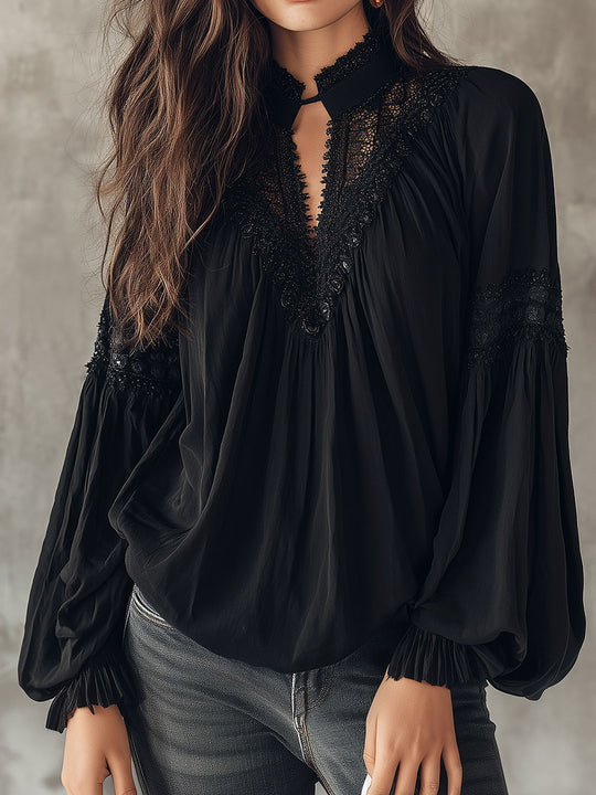 Black Lace Blouse – Vintage Boho Long-Sleeve Top With V-Neck And Puff Sleeves