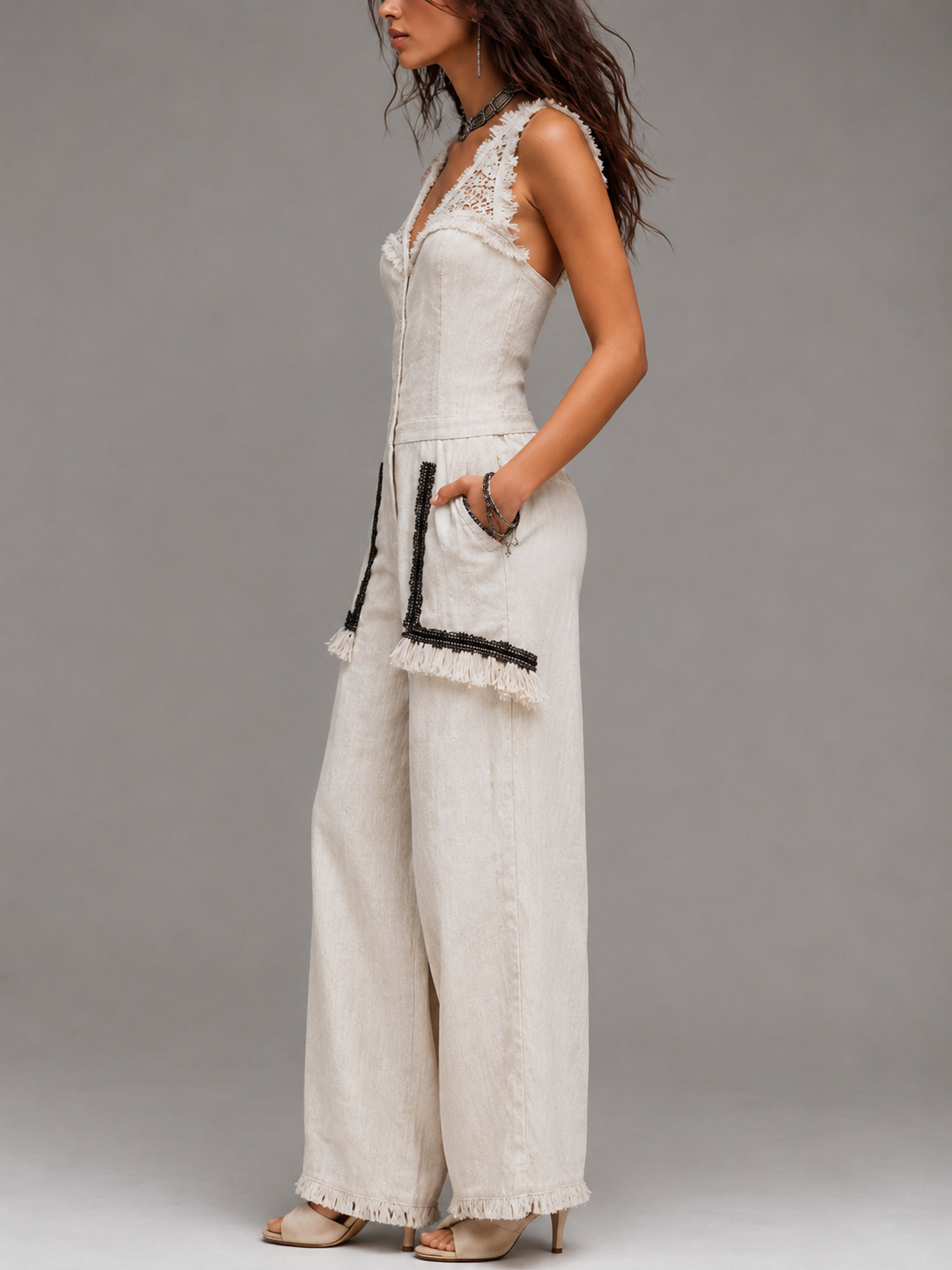Boho Lace V Neck Fringe Linen Wide Leg Jumpsuit