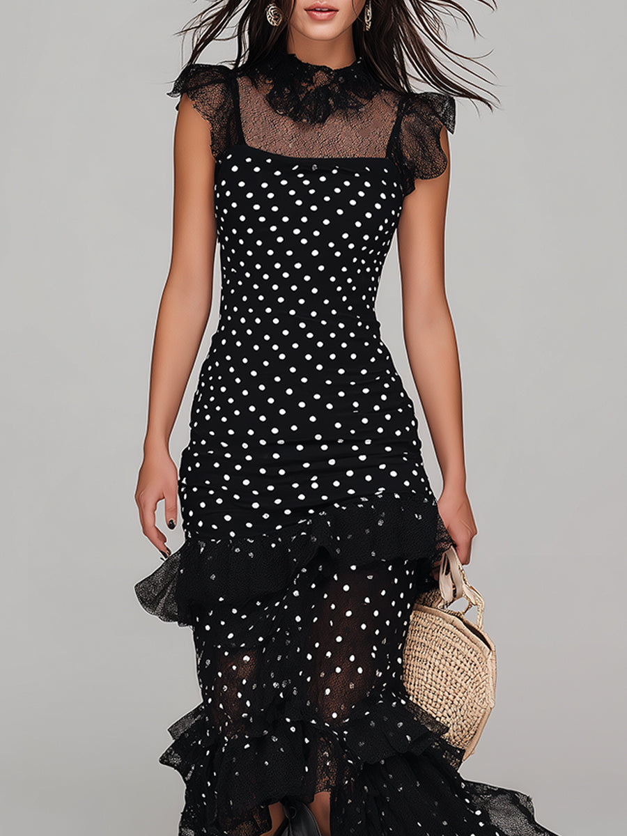 Retro Polka Dot Mesh Print Ruffle Hem Maxi Dress