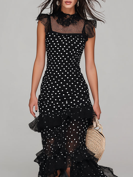 Retro Polka Dot Mesh Print Ruffle Hem Maxi Dress