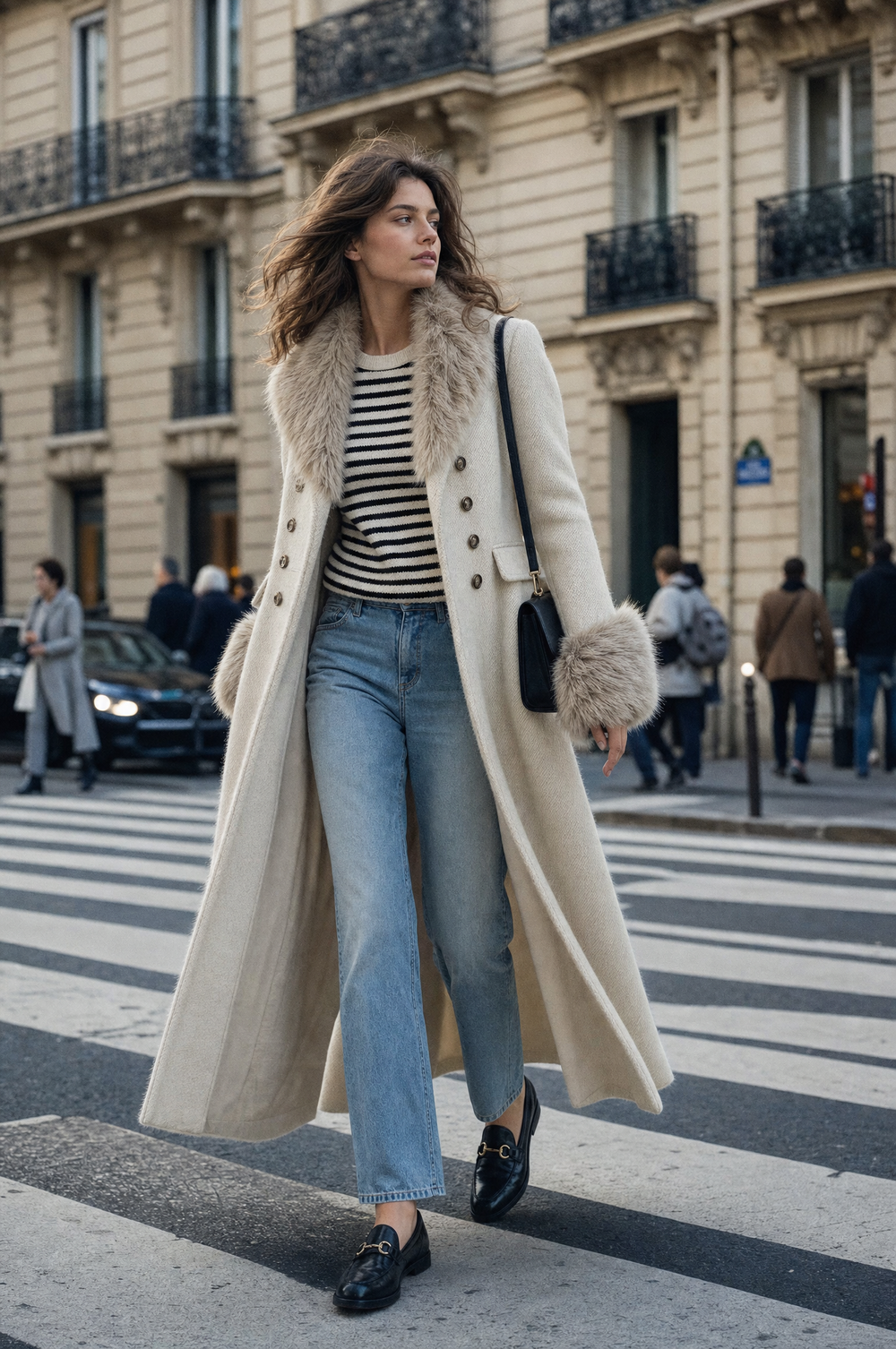 Quiet Luxury Fur-trimmed Collar Double-breasted Wool-blend Coat With Waist-cinching Fit