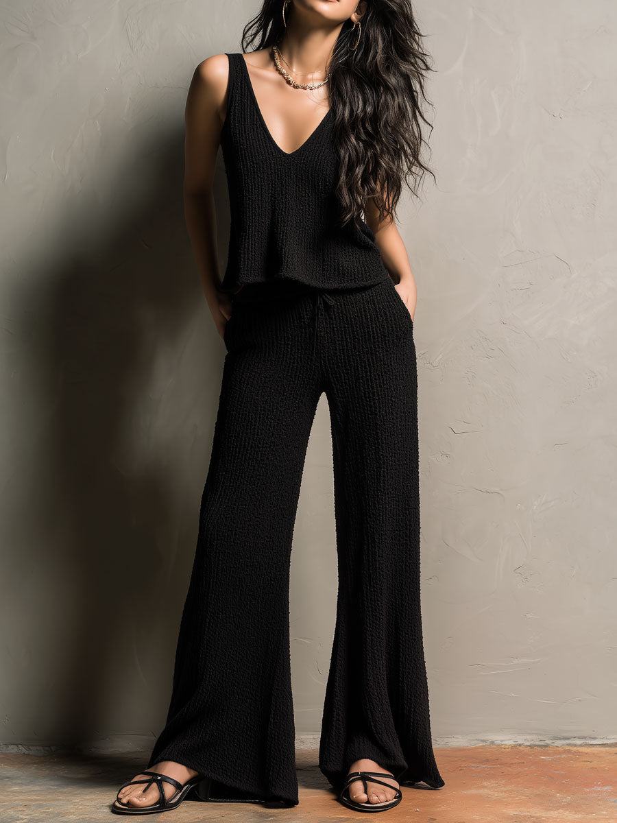 Minimalism Black Textured Knit Tank & Pants Set