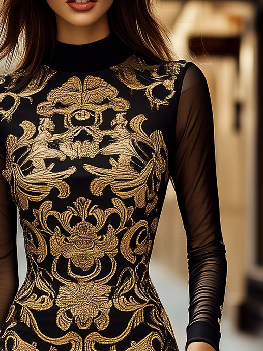 Elegant Mock Neck Sheer Sleeve Baroque Print Bodycon