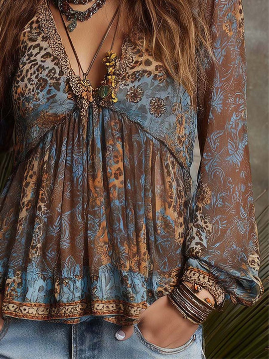 Boho Mixed-Print Sheer Chiffon Peasant Top