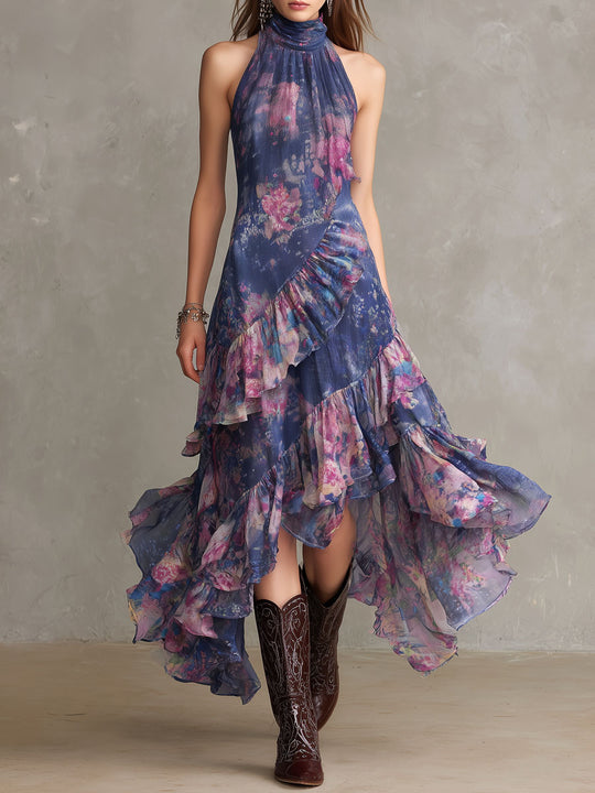 Bohemian Sheer Layered Ruffled Floral High-Neck Maxi Dress