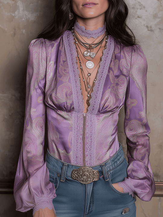 Romantic Lavender Satin Deep-V Boho Blouse