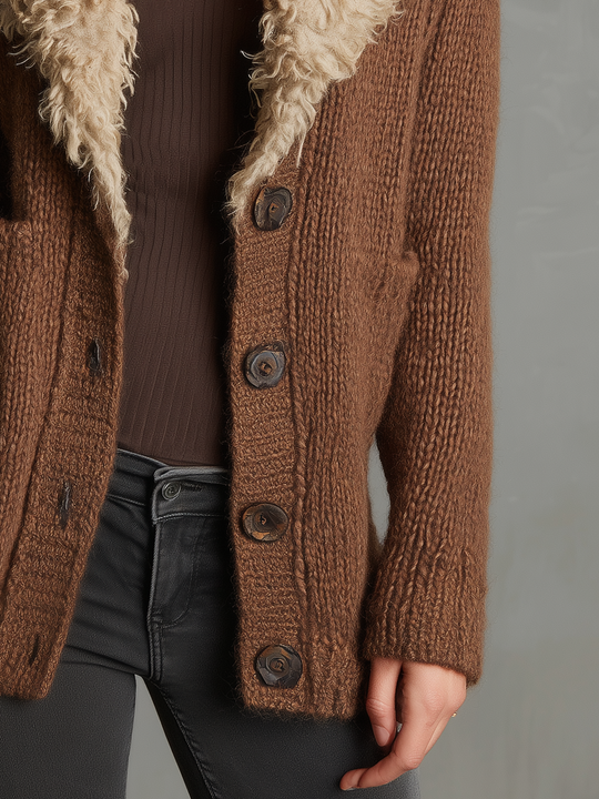 Cozy Brown Faux Fur Collar Knit Cardigan