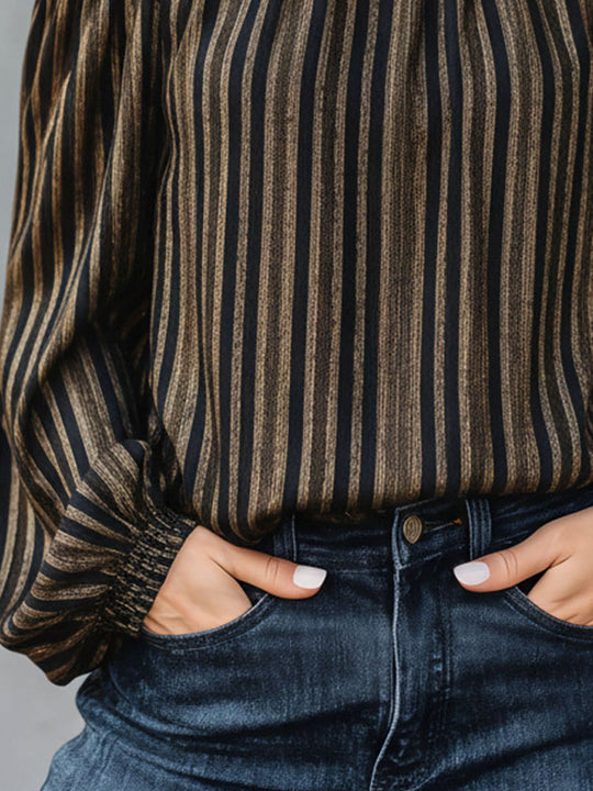 High Neck Black & Gold Striped Cold-Shoulder Blouse