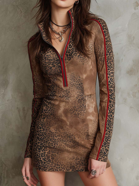 Vintage Distressed Leopard Print Polyester Suede Mini Dress