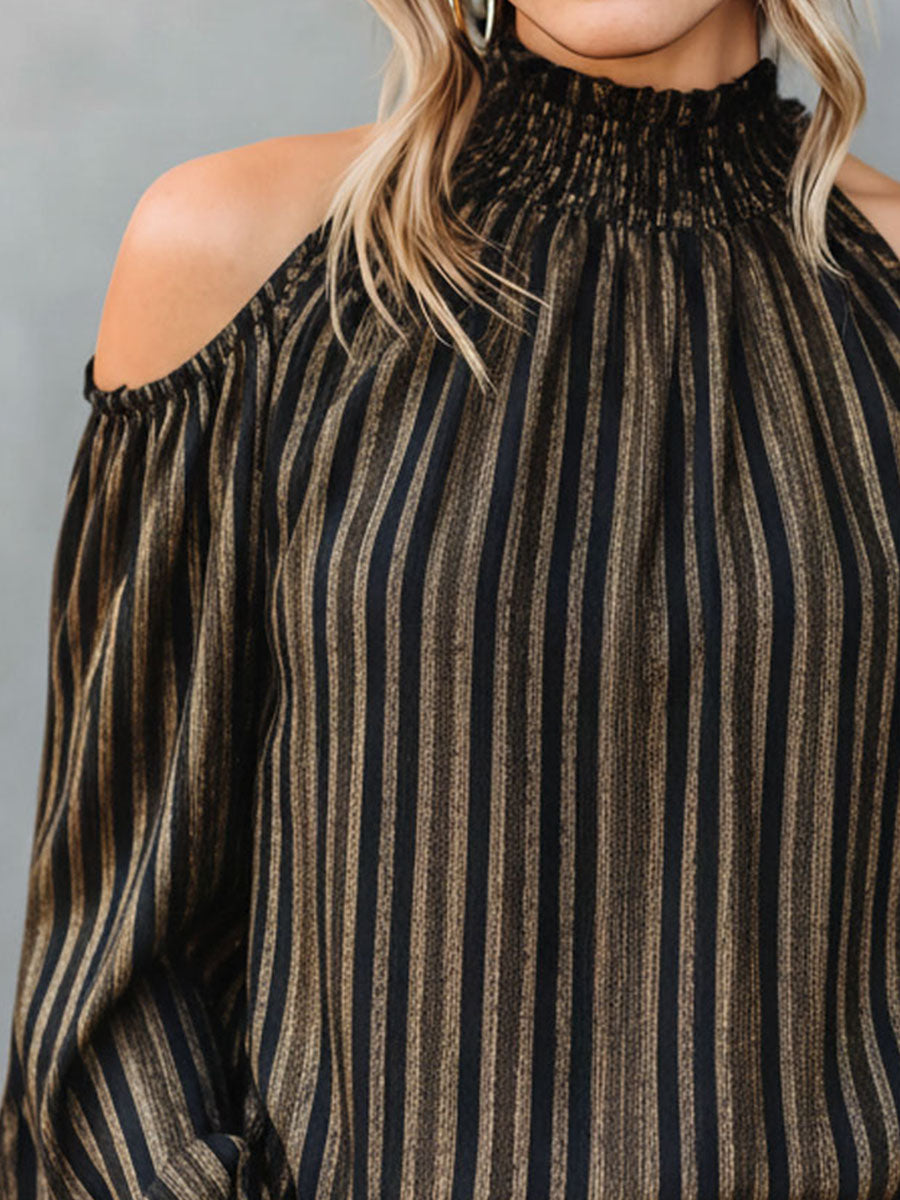 High Neck Black & Gold Striped Cold-Shoulder Blouse