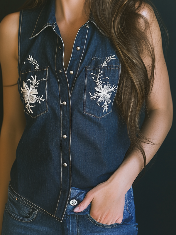 Retro Embroidered Sleeveless Denim Shirt