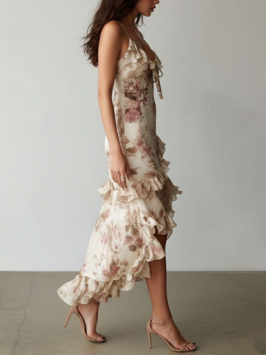 Elegant Floral Ruffled High Low Hem Satin Slip Dress