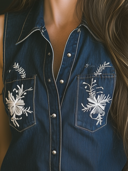 Retro Embroidered Sleeveless Denim Shirt