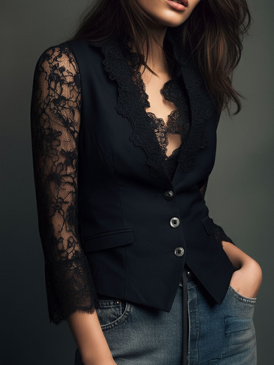 Elegant Black Lace Panel Sleeve Blazer Top Vest