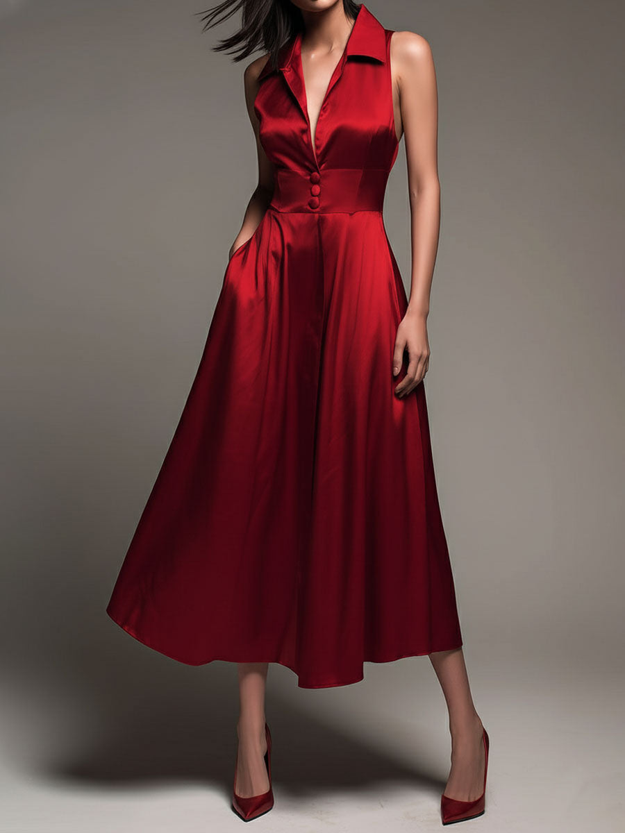 Elegant Red Satin Sleeveless Collared Fit-and-Flare Midi Dress