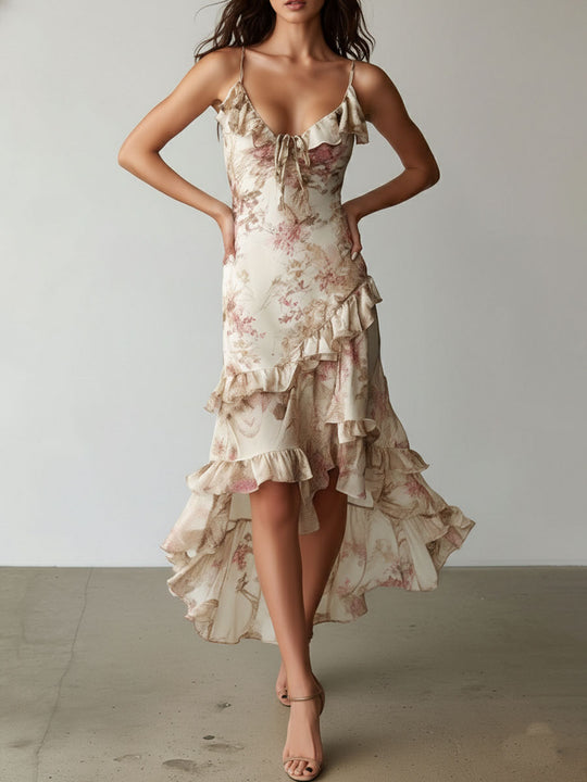 Elegant Floral Ruffled High Low Hem Satin Slip Dress