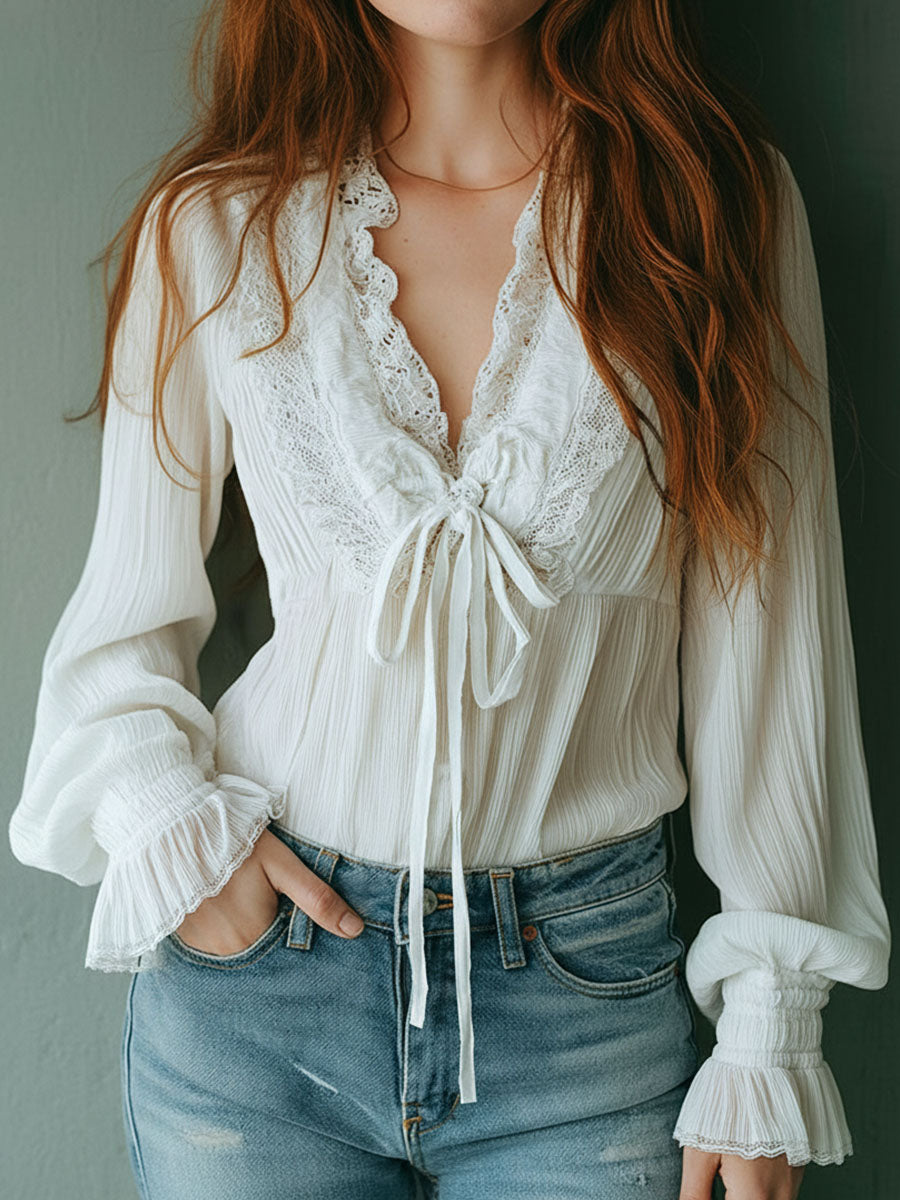Boho Ruffled V-Neck White Pleated Lace Tie-Front Blouse