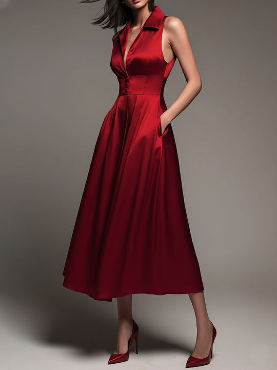 Elegant Red Satin Sleeveless Collared Fit-and-Flare Midi Dress