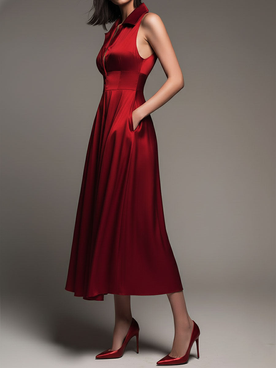 Elegant Red Satin Sleeveless Collared Fit-and-Flare Midi Dress