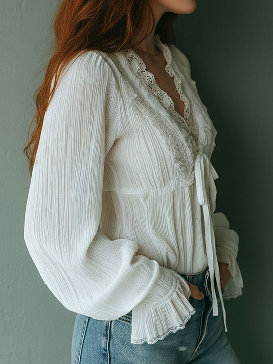 Boho Ruffled V-Neck White Pleated Lace Tie-Front Blouse