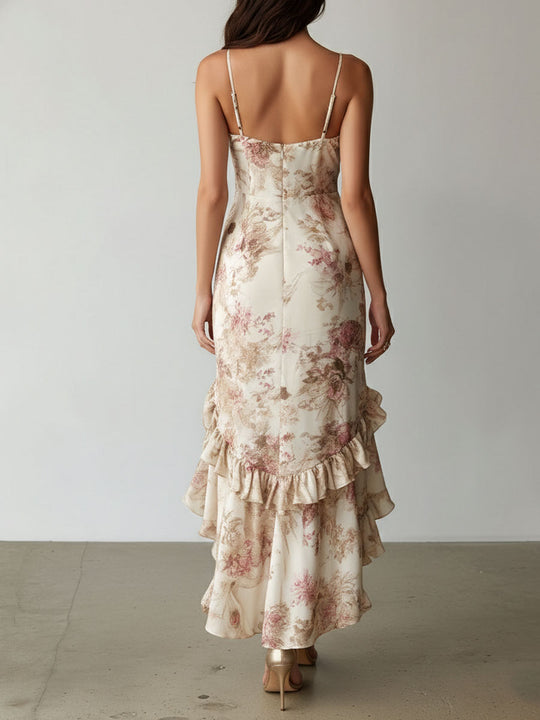 Elegant Floral Ruffled High Low Hem Satin Slip Dress