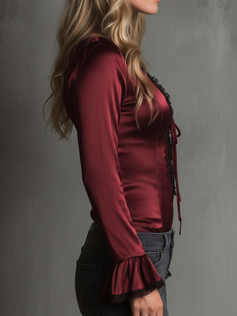 Romantic Burgundy Velvet Lace-Trim Blouse With Flared Sleeves