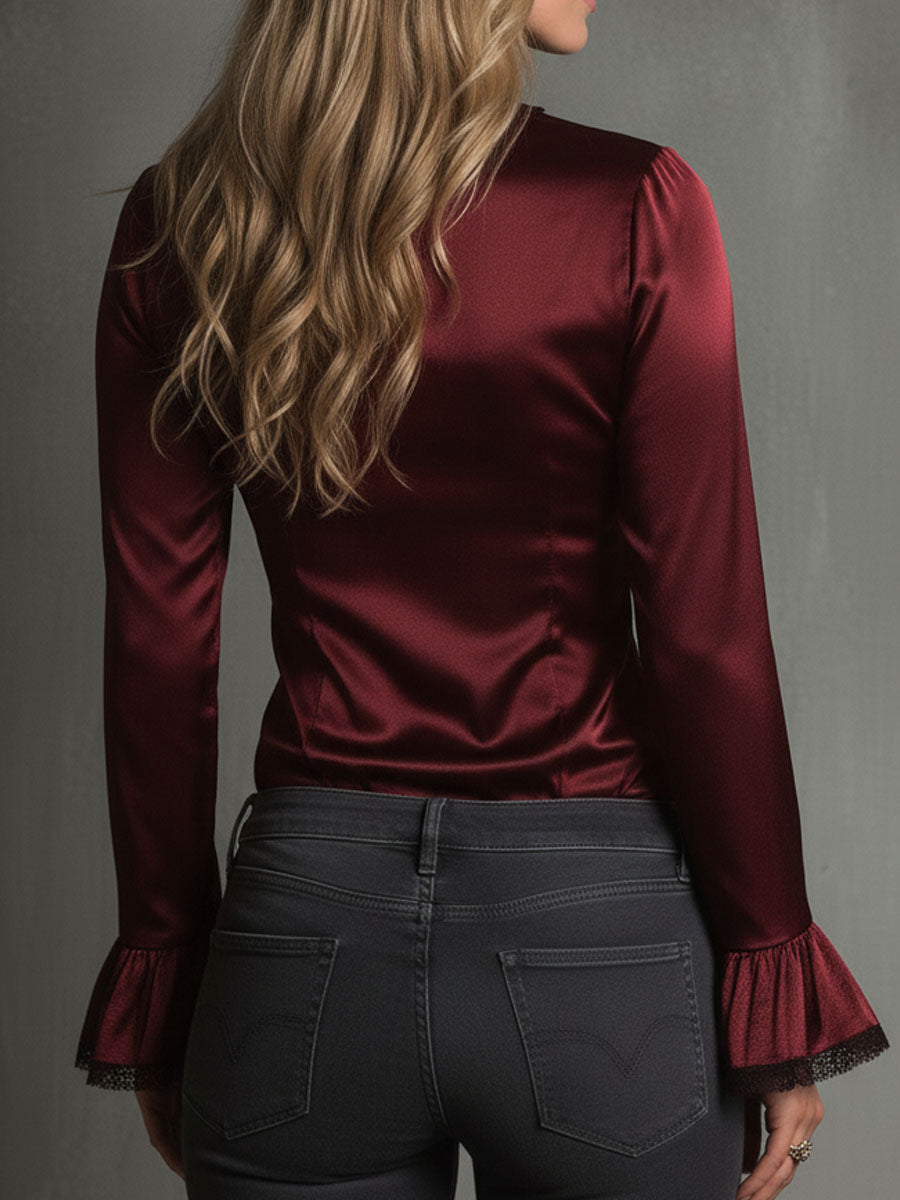 Romantic Burgundy Velvet Lace-Trim Blouse With Flared Sleeves