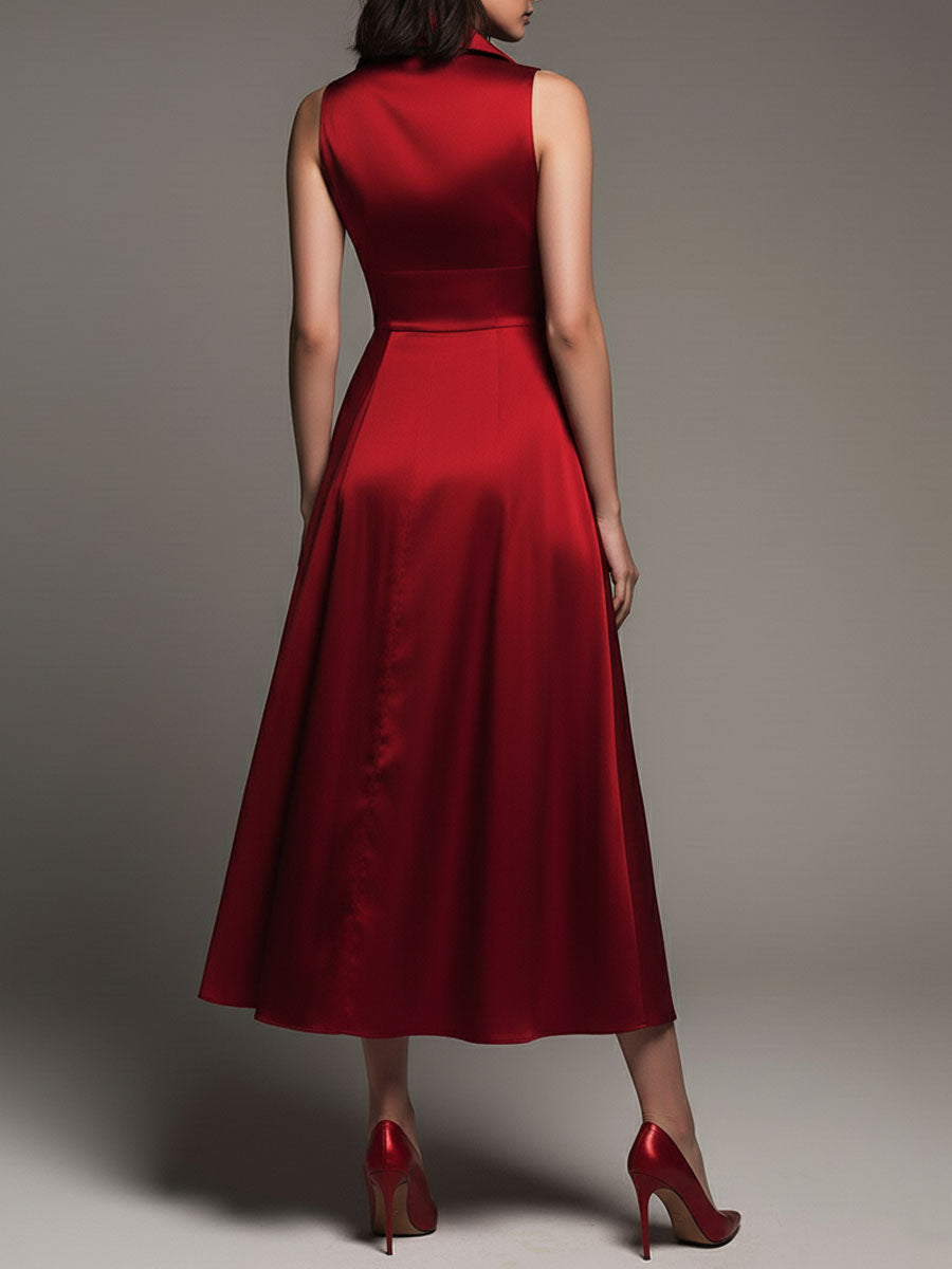 Elegant Red Satin Sleeveless Collared Fit-and-Flare Midi Dress