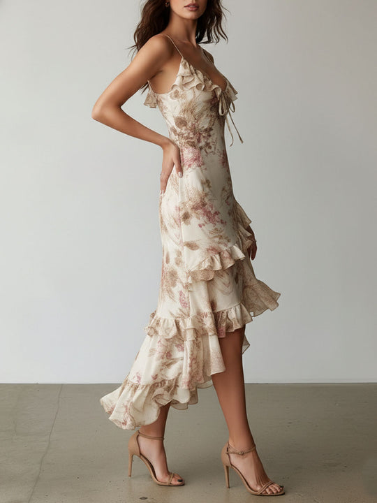 Elegant Floral Ruffled High Low Hem Satin Slip Dress