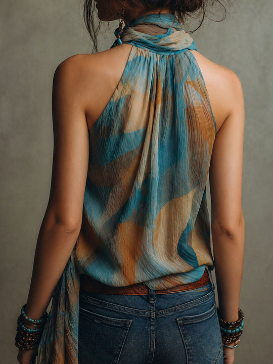 Boho Blue And Amber Chiffon Halter Blouse With Scarf Neck