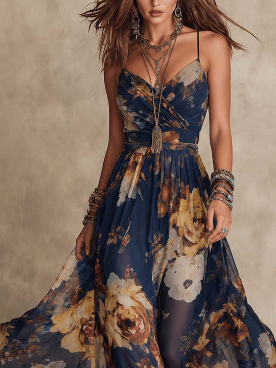 Retro Fine-Strap Chiffon Midi Dress With Oil-Painting Style Floral Print