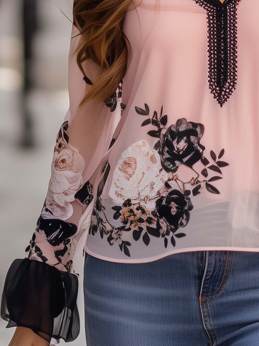 Printed Chiffon Shirt With Sheer Sleeves