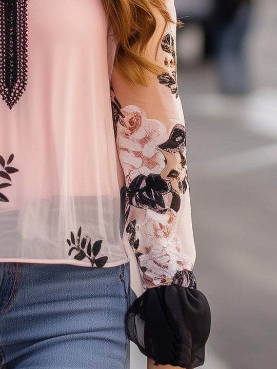 Printed Chiffon Shirt With Sheer Sleeves