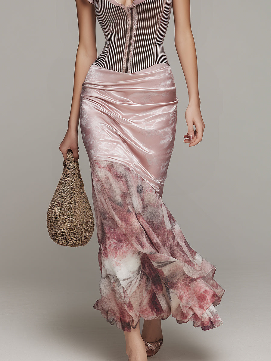 Elegant Oil Painting Flower Fishtail Hem Maxi Dress