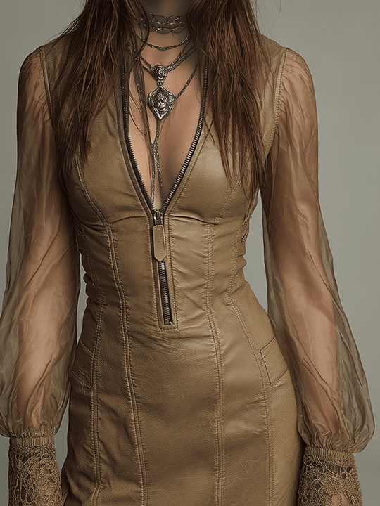 Boho Sheer Sleeve Faux Leather Lace-Trim Mini Dress