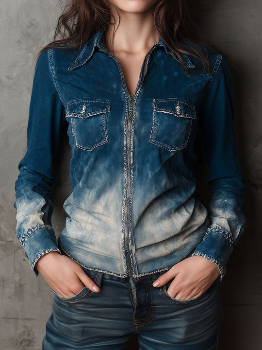 Indigo Faded Gradient Wash & Contrast Stitch Denim Zip Shirt