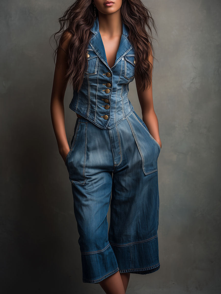 Vintage Casual Denim Wide-Leg Culotte Pants