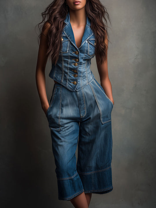 Vintage Casual Denim Wide-Leg Culotte Pants